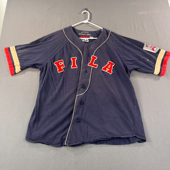 VTG FILA Cardigan Mens XL Navy Athletic Sports Dept Embroidered w/ Patch *Stains - Picture 1 of 16